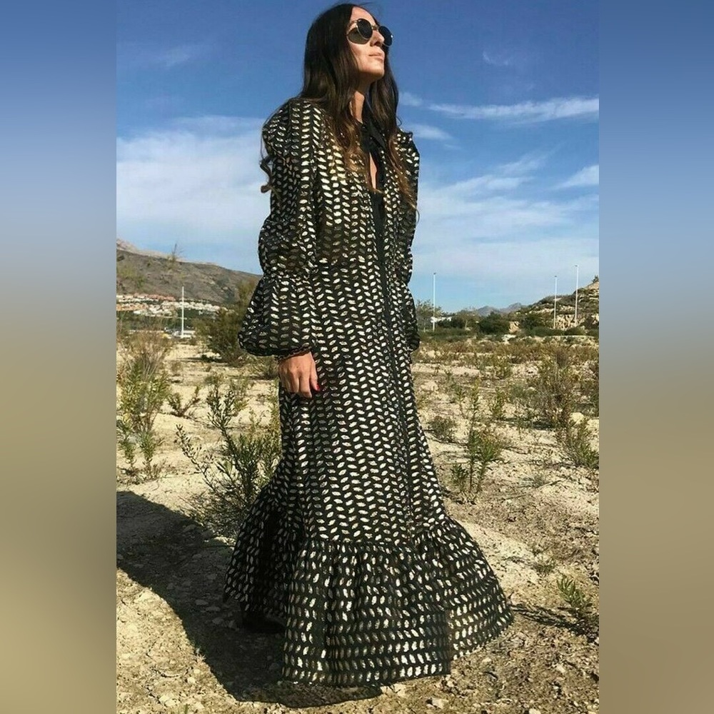 Zara Puff Long Lantern Sleeve Gold Leaf On Black Maxi Dress XS - Picture 4 of 16
